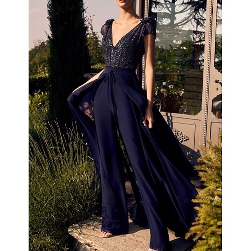 

Jumpsuits Glittering Elegant Engagement Prom Dress V Neck Short Sleeve Floor Length Chiffon with Sequin Overskirt 2022