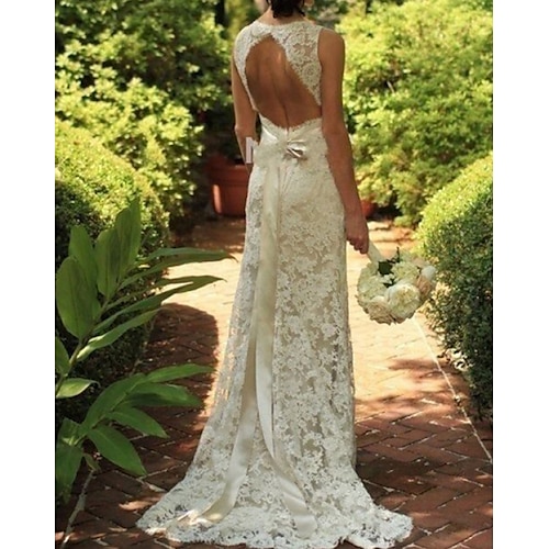 

A-Line Wedding Dresses V Neck Sweep / Brush Train Lace Sleeveless Sexy See-Through with Bow(s) Embroidery 2022