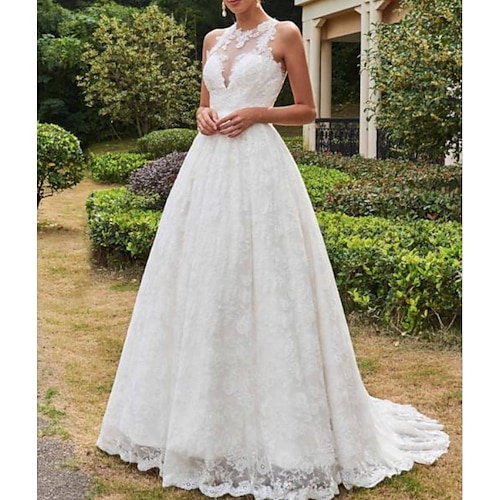 

A-Line Wedding Dresses Jewel Neck Sweep / Brush Train Lace Tulle Sleeveless Formal Sexy See-Through with Embroidery 2022