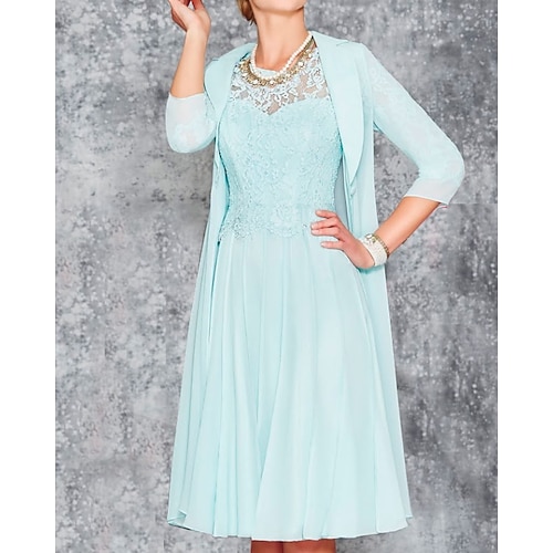 

Two Piece A-Line Mother of the Bride Dress Elegant Jewel Neck Knee Length Chiffon Lace 3/4 Length Sleeve with Pleats Embroidery 2022