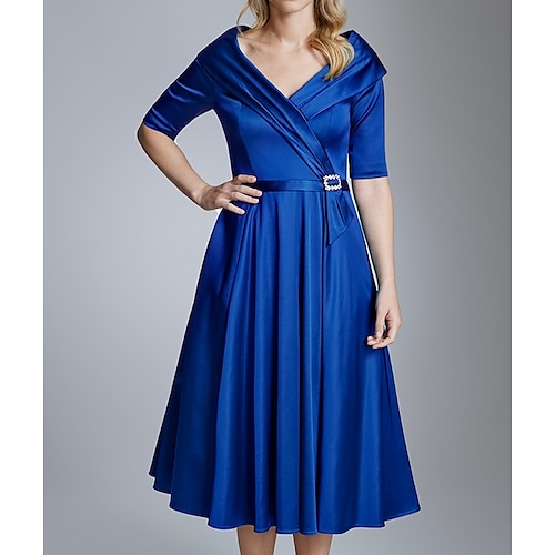 

A-Line Mother of the Bride Dress Elegant V Neck Knee Length Satin Half Sleeve with Sash / Ribbon Pleats 2022