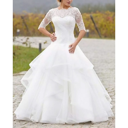 

Ball Gown Wedding Dresses Jewel Neck Floor Length Lace Tulle 3/4 Length Sleeve Country Illusion Sleeve with Embroidery Cascading Ruffles 2022