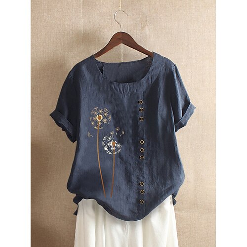 

Women's Blouse Shirt Army Green Orange Navy Blue Floral Flower Print Short Sleeve Daily Basic Round Neck Regular Loose Fit M / Summer