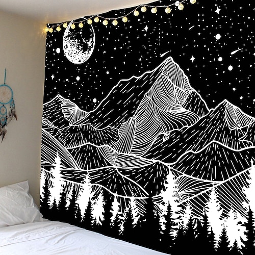 

Sketch Wall Tapestry Art Decor Blanket Curtain Hanging Home Bedroom Living Room Decoration Trippy Mountain Landscape Moon Star Black and White