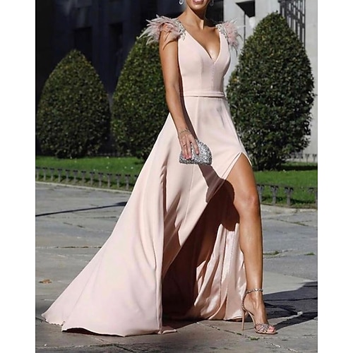 

A-Line Beautiful Back Sexy Holiday Formal Evening Dress V Neck Sleeveless Sweep / Brush Train Chiffon with Slit 2022