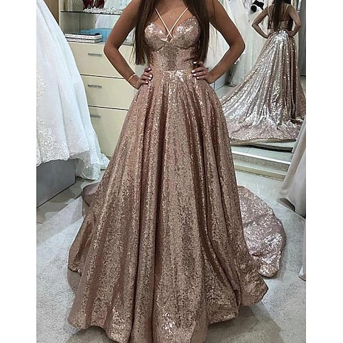 

A-Line Evening Dresses Beautiful Back Dress Engagement Court Train Sleeveless Spaghetti Strap Sequined with Pleats Sequin 2022 / Formal Evening / Sparkle & Shine