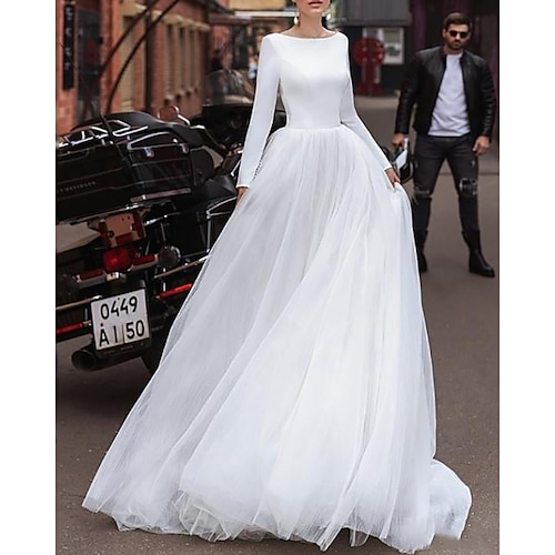 

A-Line Wedding Dresses Jewel Neck Sweep / Brush Train Satin Tulle Long Sleeve Simple with 2022