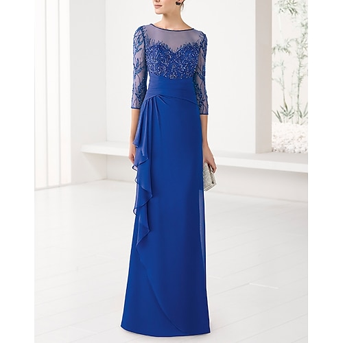 

Sheath / Column Mother of the Bride Dress Elegant Jewel Neck Floor Length Chiffon Lace Tulle 3/4 Length Sleeve with Beading Appliques 2022