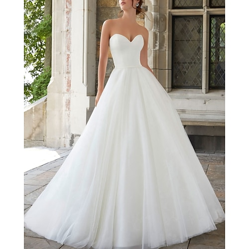 

A-Line Wedding Dresses Strapless Sweep / Brush Train Tulle Sleeveless Simple with Sashes / Ribbons 2022