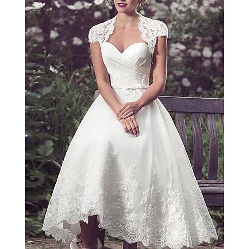 

A-Line Wedding Dresses Sweetheart Neckline Knee Length Lace Tulle Sleeveless Vintage 1950s with Appliques 2022