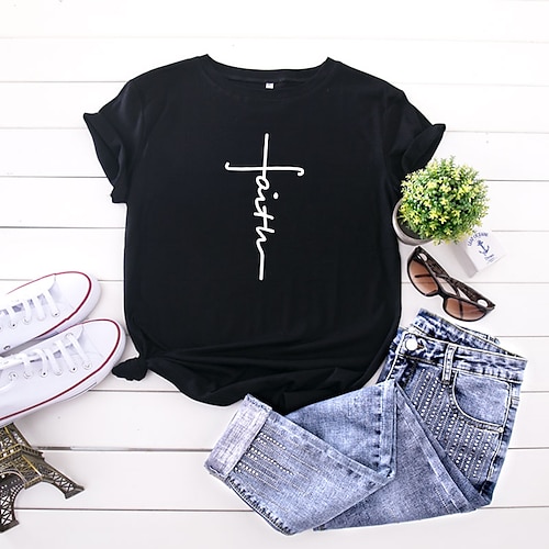 

Women's T shirt Tee Pink Yellow Light Green Graphic Letter Print Short Sleeve Daily Weekend Basic Round Neck Regular 100% Cotton Faith S