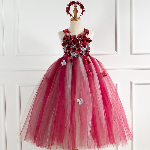 Kids Girls' Dress Rainbow Jacquard Mesh Patchwork Red Maxi Sleeveless Flower Vintage Cute Dresses New Year Regular Fit