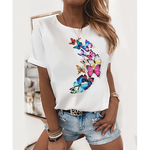 

Women's T shirt Tee Butterfly Cat Blue Butterfly Graphic Prints Short Sleeve Daily Round Neck 100% Cotton Slim S