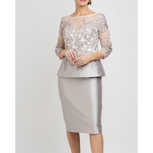 

A tubino Abito da cerimonia per signora Formale Elegante Scollo a Illusione Al ginocchio Raso Di pizzo Manica a 3/4 con Con applique Spacco sul davanti 2023