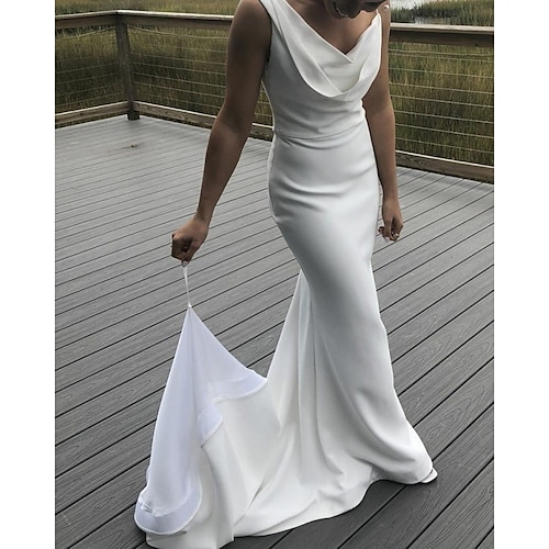 

Mermaid / Trumpet Wedding Dresses Bateau Neck V Neck Sweep / Brush Train Satin Sleeveless Simple with 2022