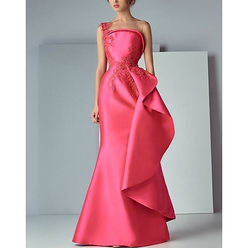 

Mermaid / Trumpet Elegant Floral Engagement Prom Dress Illusion Neck Sleeveless Floor Length Satin with Appliques 2022