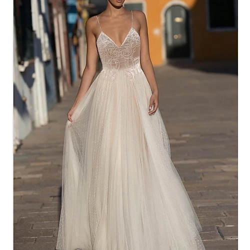 

A-Line Wedding Dresses V Neck Sweep / Brush Train Lace Tulle Formal Boho Plus Size with Appliques 2022