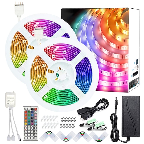 

50ft 2x7.5M No-waterproof 5050 RGB Full color LED Strip Lights with 44-Key IR Double Outlet Remote and Adapter Light Strip Kit DC12V