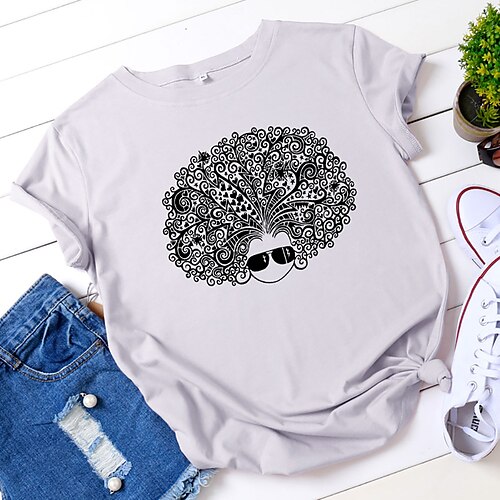 

Mulheres Camiseta Preto Branco Amarelo Estampas Abstratas Imprimir Manga Curta Diário Final de semana Básico Decote Redondo Padrão 100% Algodão S