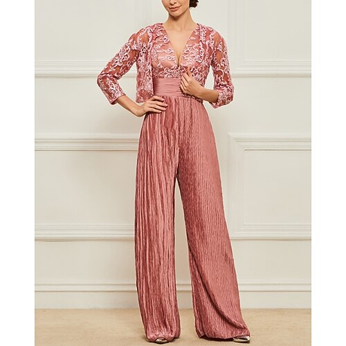 

Jumpsuits Mother of the Bride Dress Elegant V Neck Floor Length Satin Lace Stretch Satin Sleeveless Wrap Included with Pleats Embroidery 2022