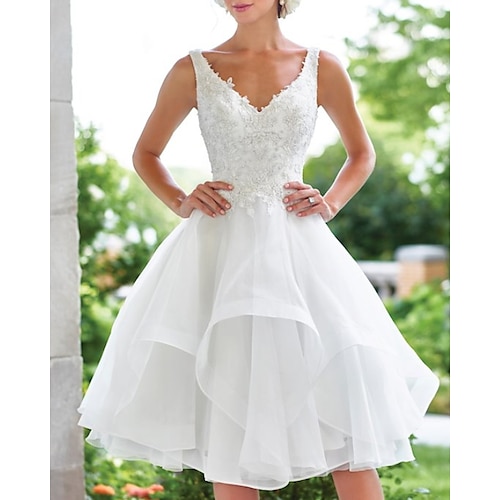 

A-Line Wedding Dresses V Neck Knee Length Lace Organza Sleeveless Vintage 1950s with Appliques Cascading Ruffles 2022