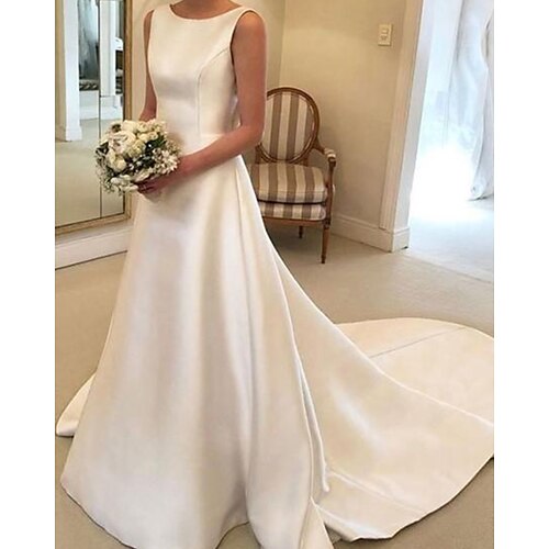 

A-Line Wedding Dresses Jewel Neck Court Train Satin Sleeveless Simple with Bow(s) 2022