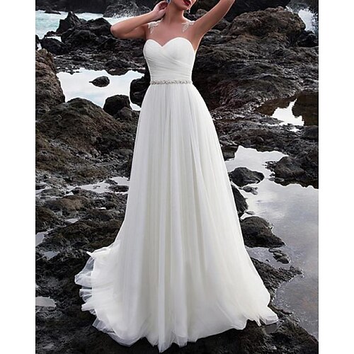 

A-Line Wedding Dresses Jewel Neck Court Train Chiffon Sleeveless Beach with Lace Insert Appliques 2022