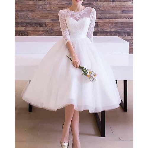 

A-Line Wedding Dresses Jewel Neck Ankle Length Lace Tulle Long Sleeve Vintage 1950s with Sashes / Ribbons 2022