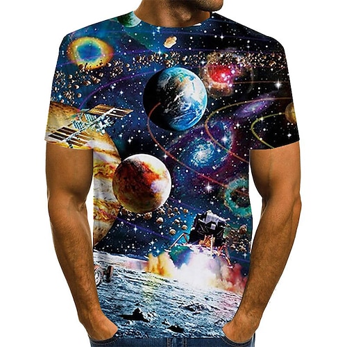 

Men's T shirt Tee Graphic Galaxy Round Neck Green Blue Gold Rainbow Red 3D Print Plus Size Daily Weekend Short Sleeve Print Clothing Apparel Basic Exaggerated
