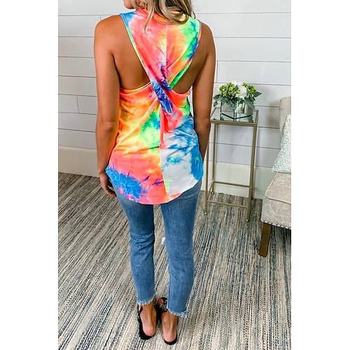 

Women's Tank Top Rainbow Tie Dye Patchwork Print Sleeveless Daily Basic Round Neck S / Summer