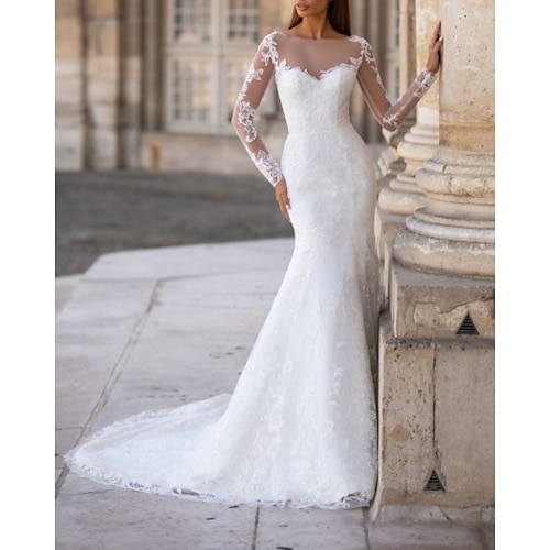 

Mermaid / Trumpet Wedding Dresses Jewel Neck Court Train Lace Tulle Long Sleeve Formal with Appliques 2022