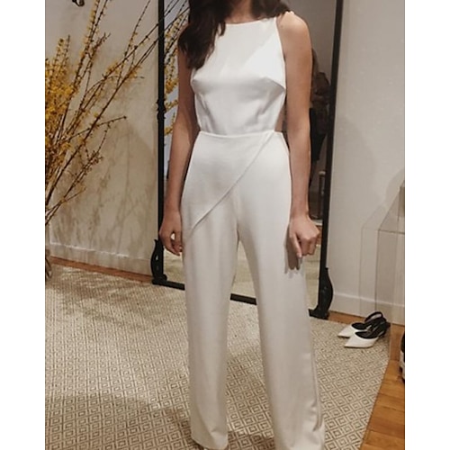 

Jumpsuits Wedding Dresses Jewel Neck Floor Length Satin Sleeveless Simple Sexy Backless Modern with 2022