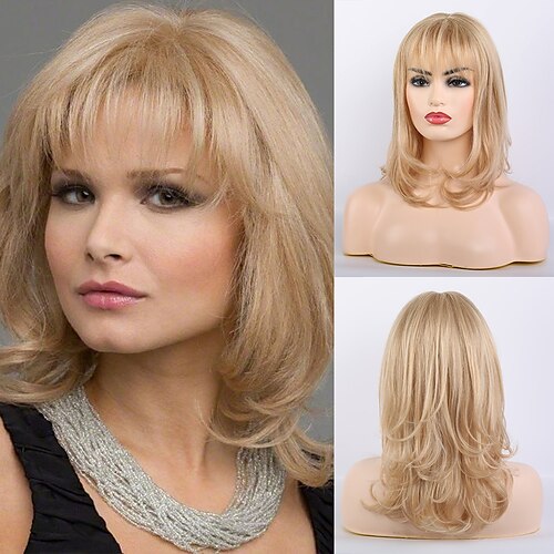 

Remy Human Hair Wig Very Long Curly Body Wave Layered Haircut Neat Bang With Bangs Black Blonde Women Natural Hairline African American Wig Capless Women's All Natural Black #1B Beige Blonde