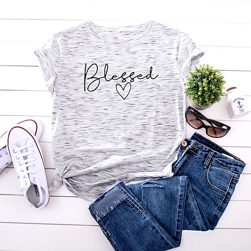 

Women's T shirt Tee Pink Yellow Light Green Graphic Letter Print Short Sleeve Daily Weekend Basic Round Neck Regular 100% Cotton Blessed S