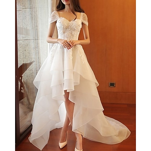 

A-Line Wedding Dresses Sweetheart Neckline Sweep / Brush Train Organza Cap Sleeve Romantic with Lace Insert 2022