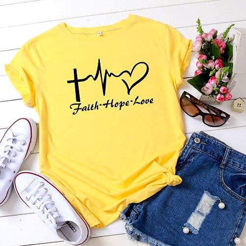 

Women's T shirt Tee Pink Yellow Light Green Graphic Heart Print Short Sleeve Casual Daily Basic Round Neck Regular 100% Cotton Faith Hope Love S