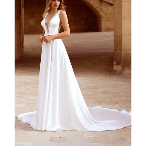 

A-Line Wedding Dresses Plunging Neck Chapel Train Chiffon Sleeveless Simple with Sashes / Ribbons Bow(s) 2022