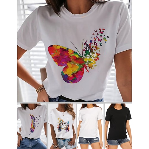 

Women's T shirt Tee Butterfly Rainbow White Rainbow Butterfly Print Short Sleeve Casual Daily Basic Round Neck 100% Cotton S / Summer / Heart