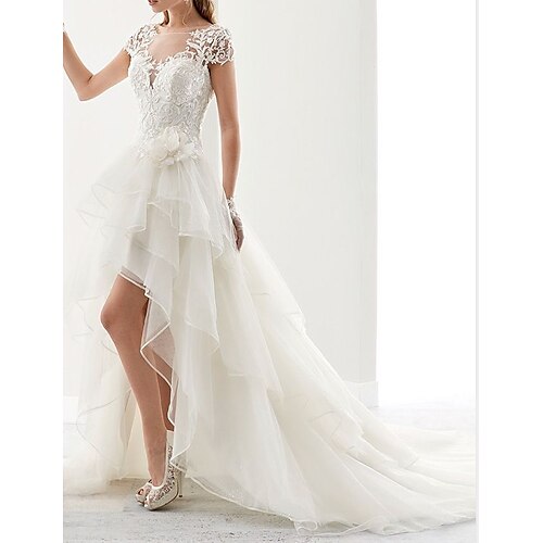 

A-Line Wedding Dresses Square Neck Asymmetrical Lace Tulle Sleeveless Country with Appliques 2022