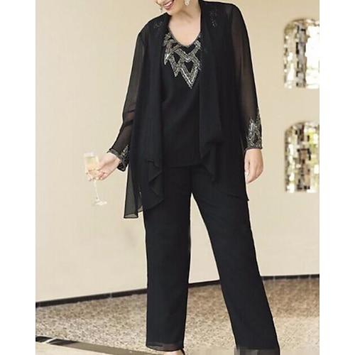 

Pantsuit Mother of the Bride Dress Elegant V Neck Floor Length Chiffon Long Sleeve with Sequin 2022