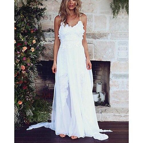 

Sheath / Column Wedding Dresses V Neck Sweep / Brush Train Chiffon Lace Sleeveless Beach Sexy Backless with Ruched Appliques 2022