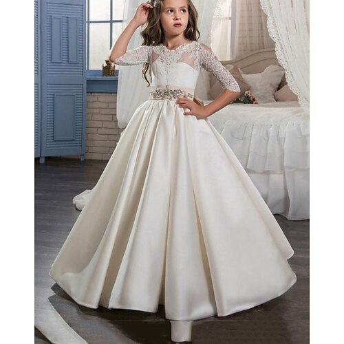 

Wedding Party Princess Flower Girl Dresses Jewel Neck Floor Length Satin Winter Fall with Bow(s) Pleats Cute Girls' Party Dress Fit 3-16 Years