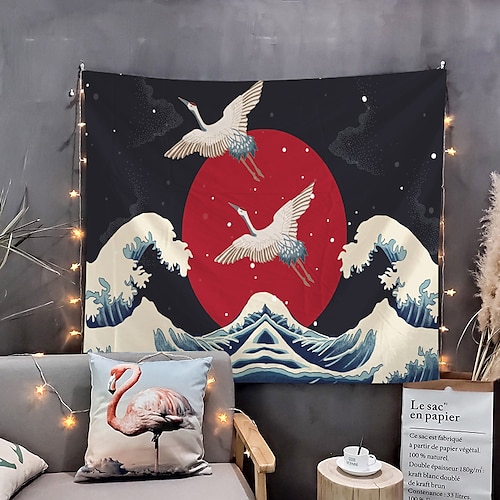 

Japanese Painting Style Ukiyo-e Wall Tapestry Art Decor Blanket Curtain Hanging Home Bedroom Living Room Decoration Crane Wave Sun