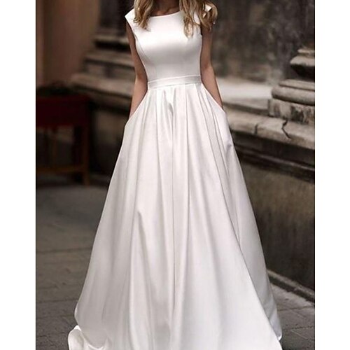 

A-Line Wedding Dresses Jewel Neck Sweep / Brush Train Satin Sleeveless Simple with 2022