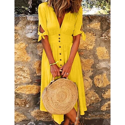 

Women's A Line Dress Knee Length Dress Green Purple Orange Yellow Light Blue Short Sleeve Solid Color Ruched Patchwork Button Spring Summer V Neck Hot Casual Vacation 2022 S M L XL XXL 3XL 4XL 5XL