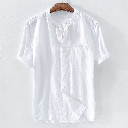

Men's Shirt Solid Colored Collar Standing Collar Office / Career Causal Patchwork Short Sleeve Tops Cotton Basic Casual Daily Chinoiserie White Blue