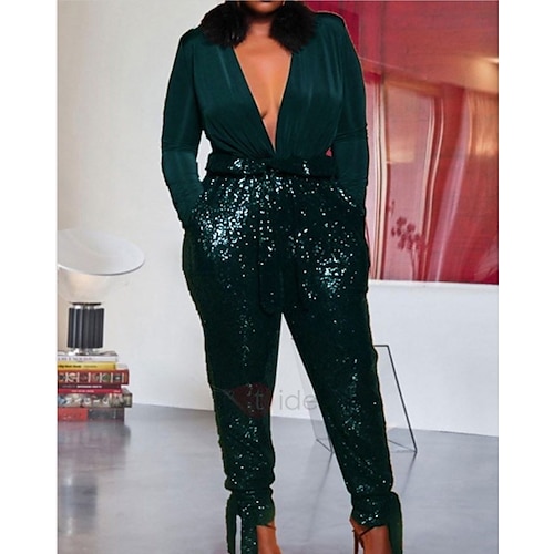 

Jumpsuits Glittering Sexy Party Wear Prom Dress V Neck Long Sleeve Floor Length Satin with Sequin 2022