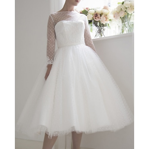 

A-Line Wedding Dresses Jewel Neck Knee Length Lace Tulle Long Sleeve Vintage 1950s with 2022