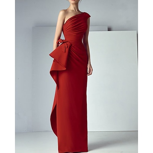 

Sheath / Column Beautiful Back Elegant Engagement Formal Evening Dress One Shoulder Sleeveless Floor Length Satin with Draping 2022