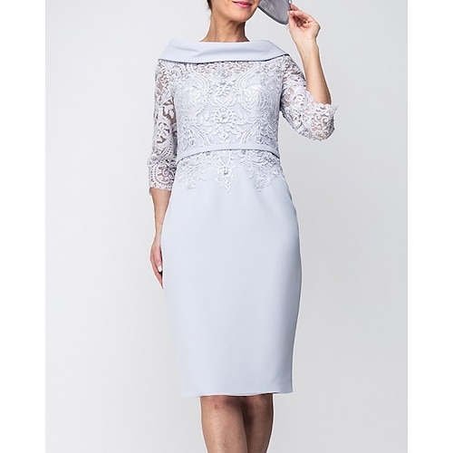

Sheath / Column Mother of the Bride Dress Elegant Jewel Neck Knee Length Satin 3/4 Length Sleeve with Sash / Ribbon Appliques Split Front 2022